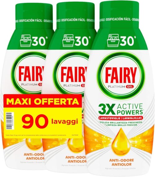 Fairy Detersivo Lavastoviglie Gel Liquido, 90 Lavaggi, Confezione Da 3 Bottiglie, Platinum Limone, Dona Extra Brillantezza Alla Lavastoviglie, Combina Pulizia Brillantezza E Freschezza