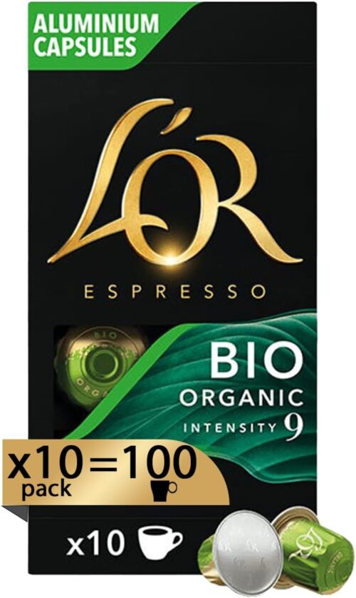 L'OR L'Or - Capsule Caffè Espresso Bio Organic - 100 Capsule in Alluminio - Intensità 9 - Compatibili con Macchine Nespresso* original - 10 Confezioni da 10 Capsule