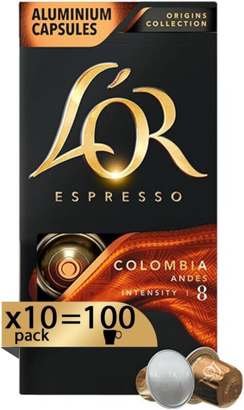 L'Or - Capsule Caffè Espresso Colombia - 100 Capsule in Alluminio - Intensità 8 - Compatibili con Macchine Nespresso®* original - 10 Confezioni da 10 Capsule