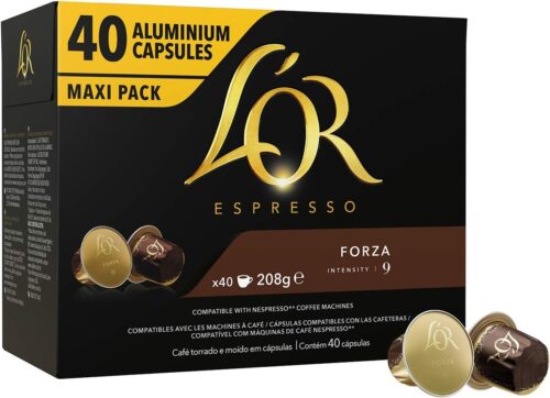 L'Or - Capsule Caffè Espresso Forza, 200 Capsule in Alluminio, Intensità 9, Compatibili con Macchine Nespresso