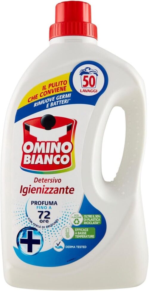 Omino Bianco - Detersivo Lavatrice Igienizzante, 300 Lavaggi, Rispetta Colori e Tessuti, Fresco Profumo con Essenza di Muschio Bianco, 2000 ml x 6 Confezioni - immagine 2