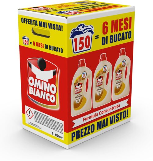 Omino Bianco - Detersivo Lavatrice Liquido, 150 Lavaggi, Rispetta Colori e Tessuti, Fresco Profumo con Essenza Cuore di Marsiglia, 2000 ml x 3 Confezioni