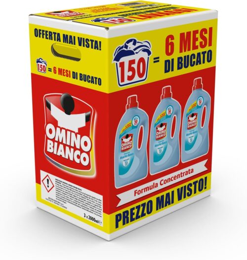 Omino Bianco - Detersivo Lavatrice Liquido, 150 Lavaggi, Rispetta Colori e Tessuti, Fresco Profumo con Essenza di Muschio Bianco, 2000 ml x 3 Confezioni