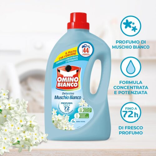 Omino Bianco - Detersivo Lavatrice Liquido, 150 Lavaggi, Rispetta Colori e Tessuti, Fresco Profumo con Essenza di Muschio Bianco, 2000 ml x 3 Confezioni - immagine 4