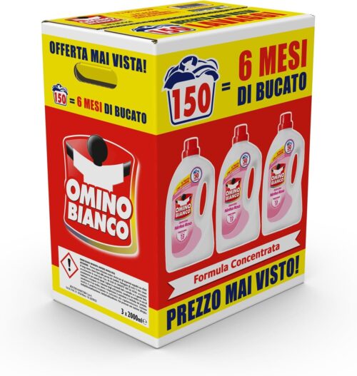 Omino Bianco - Detersivo Lavatrice Fresco Profumo di Ninfea Rosa, 150 Lavaggi, Rispetta Colori e Tessuti, Fresco Profumo, 2000 ml x 3 Confezioni